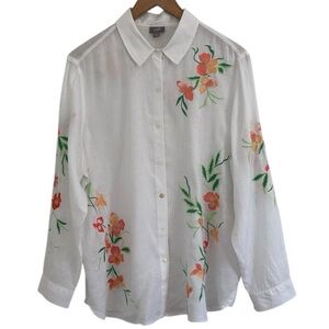 J Jill Linen Embroidered Floral Crisp White Button-Up Shirt Top Size Large